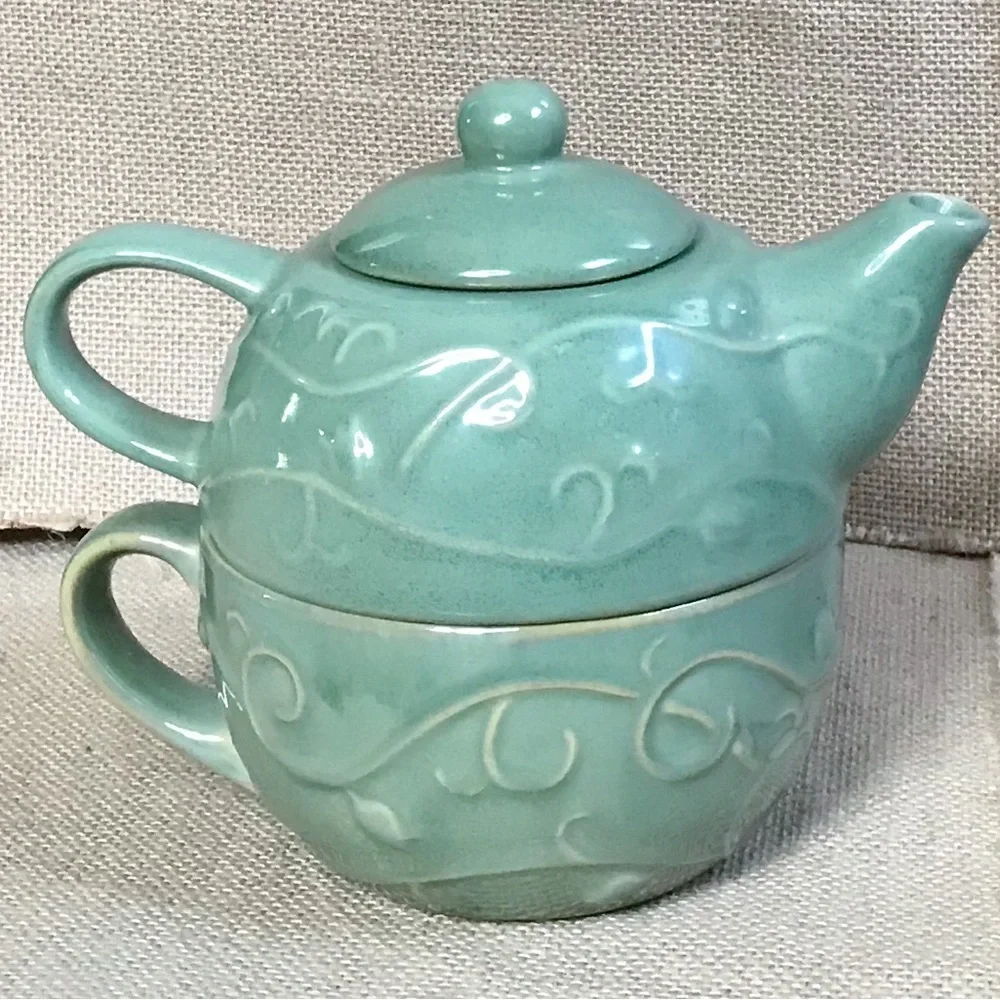 Pier 1 Light Green Embossed Stackable Teapot Coffee Mug Cottage Core Coastal